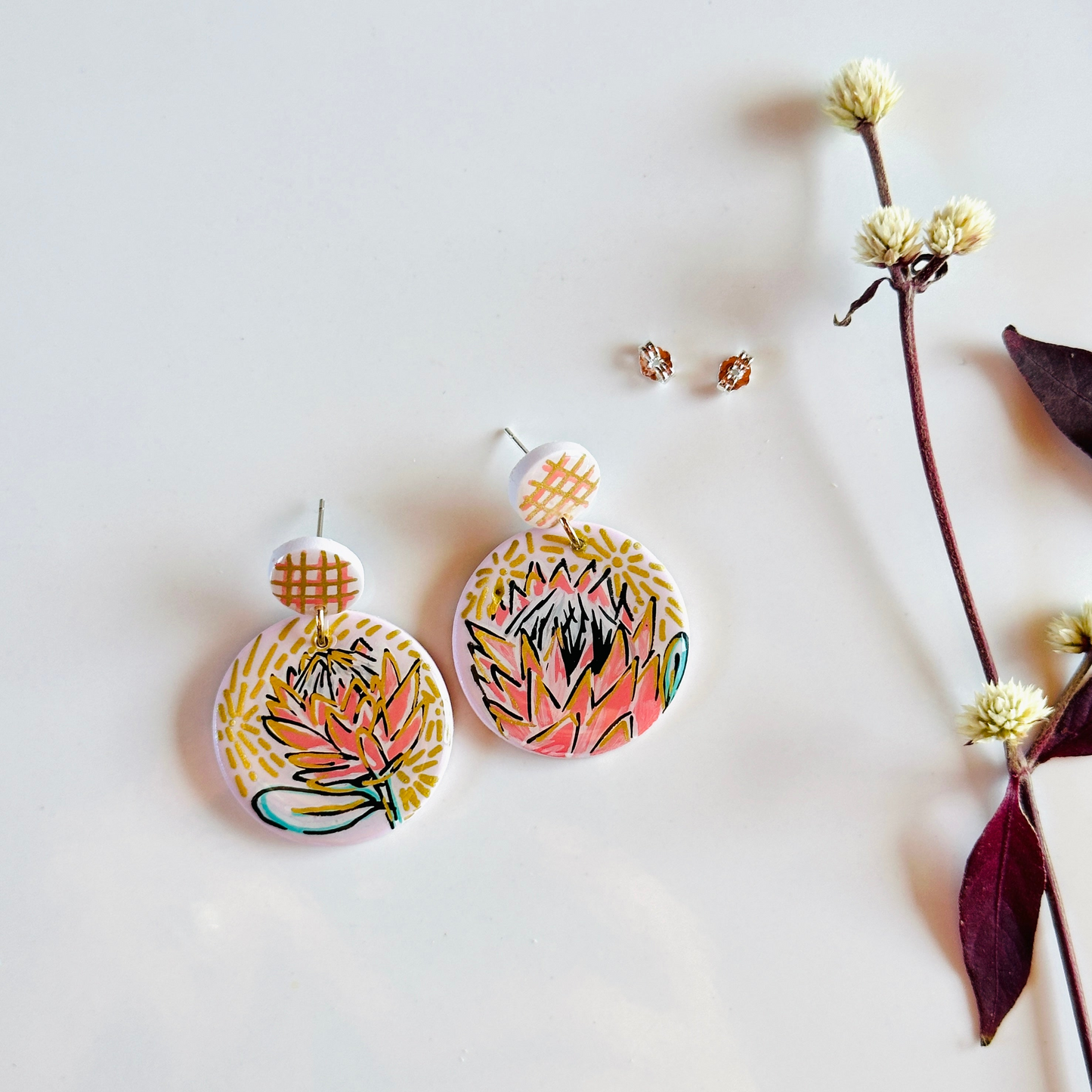 Handpainted Protea Earrings