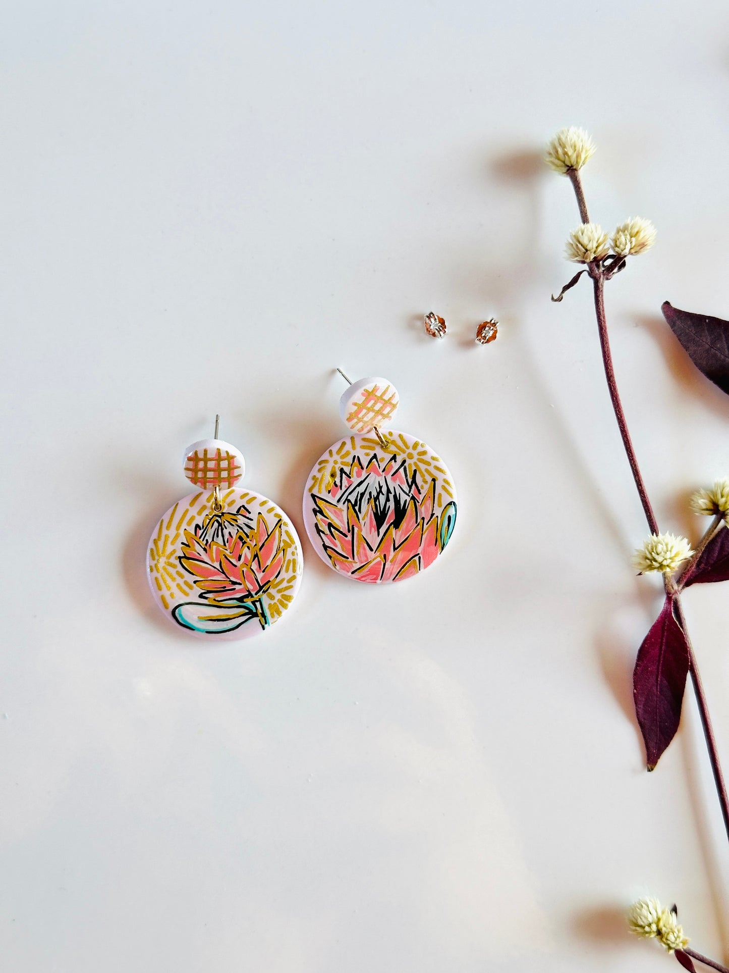 Handpainted Protea Earrings