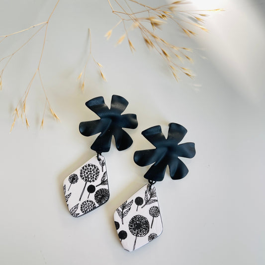 Dandelion black and white vintage earrings handmade